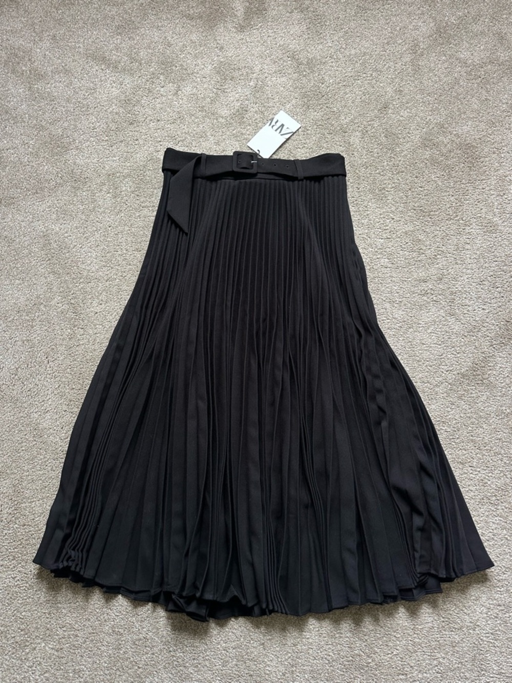 Zara NWT Black High Waist Midi Pleated Belt Skirt